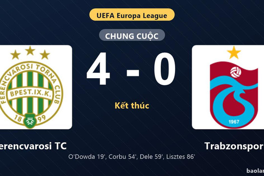Thống kê trận đấu Ferencvarosi TC 4-0 Trabzonspor: K. Lisztes lập công, Ferencvarosi TC giành vé đi tiếp