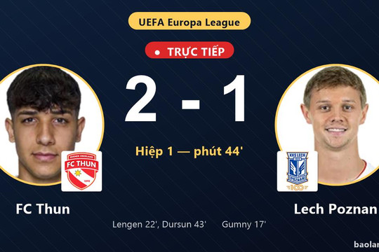 Trực tiếp FC Thun vs Lech Poznan: Hiệp 2 bắt đầu, FC Thun dẫn 2-1