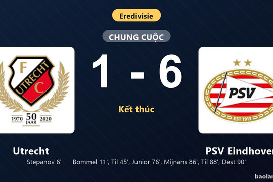 Thống kê trận đấu Utrecht 1-6 PSV Eindhoven: PSV Eindhoven ngược dòng ngoạn mục