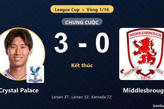 Đánh bại Middlesbrough 3-0, Crystal Palace vào vòng 1/8 League Cup khiến đối thủ bị loại