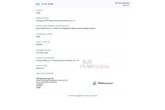 OPPO Pad 6 F Lite lộ diện chứng nhận TÜV Rheinland với công suất sạc nhanh đạt mức 45W