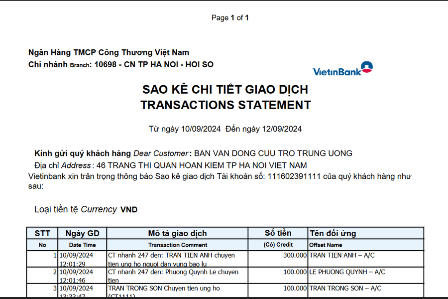 Link tải file sao kê MTTQ Việt Nam tại ngân hàng Vietinbank