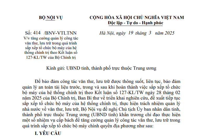 Công văn 414: Tăng cường quản lý văn thư lưu trữ khi sắp xếp bộ máy theo Kết luận 127