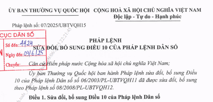 Đã có Pháp lệnh 07/2025/UBTVQH15 sửa đổi bổ sung Điều 10 Pháp lệnh Dân số