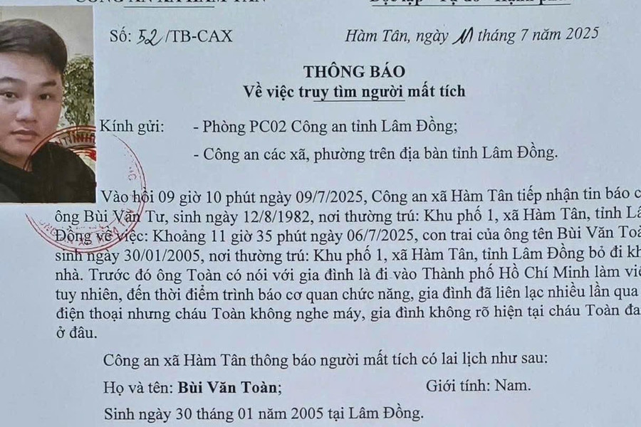 Tìm thanh niên nói đi TP. Hồ Chí Minh làm việc rồi mất tích