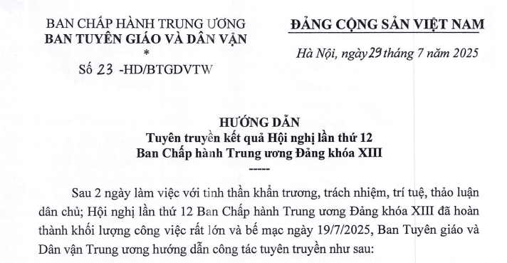 Đã có Hướng dẫn 23-HD/BTGDVTW tuyên truyền kết quả Hội nghị lần thứ 12