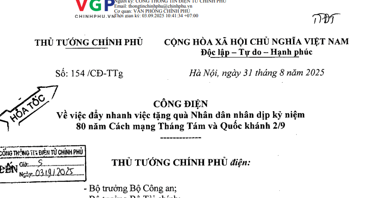 Toàn văn Công điện 154/CĐ-TTg về đẩy nhanh việc tặng 100.000 đồng/người cho toàn dân mừng Quốc khánh 2/9