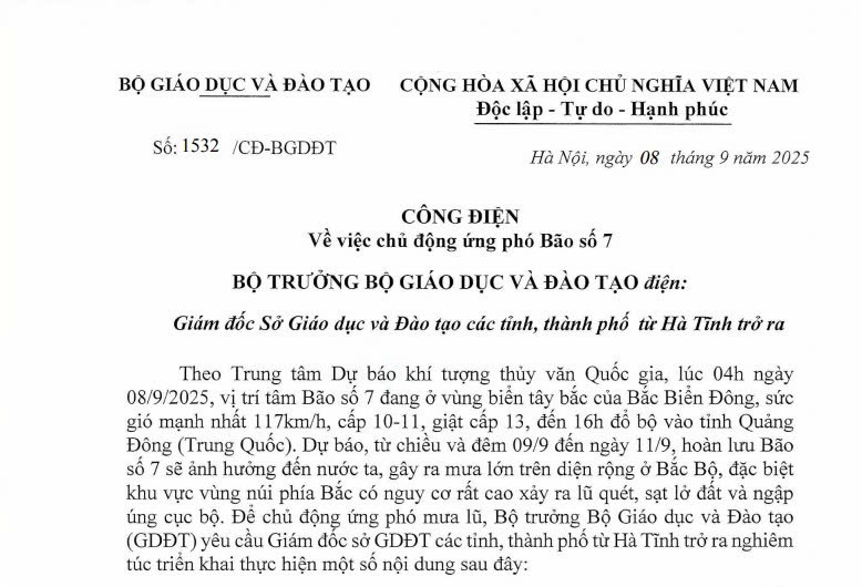 Công điện 1532/CĐ-BGDĐT: Tạm hoãn lịch học trong những ngày mưa bão diễn biến phức tạp (Bão số 7)