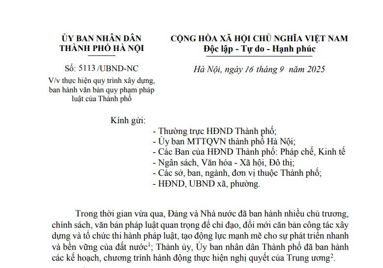Công văn 5113/UBND-NC: Quy trình xây dựng ban hành văn bản quy phạm pháp luật của Hà Nội