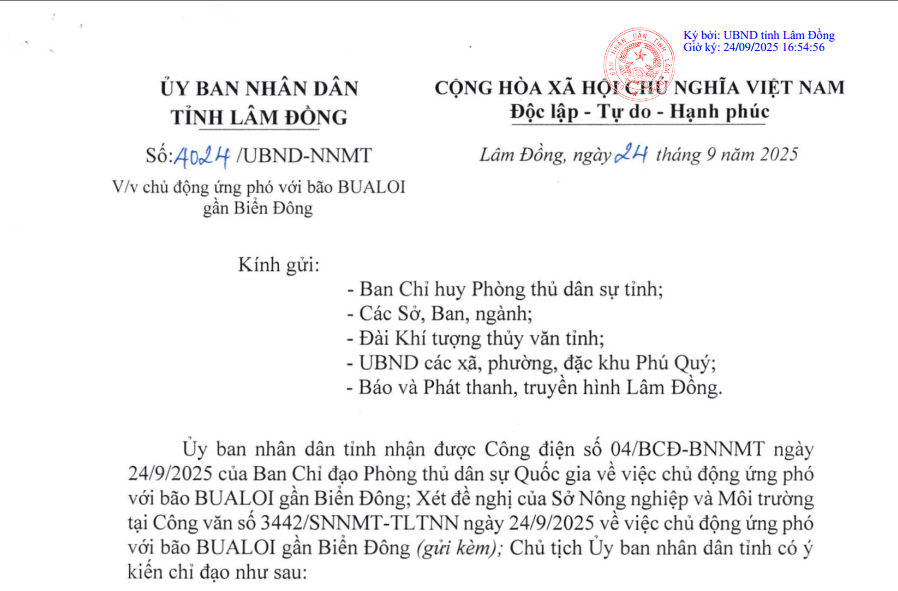 Chủ tịch UBND tỉnh Lâm Đồng chỉ đạo chủ động ứng phó với bão BUALOI