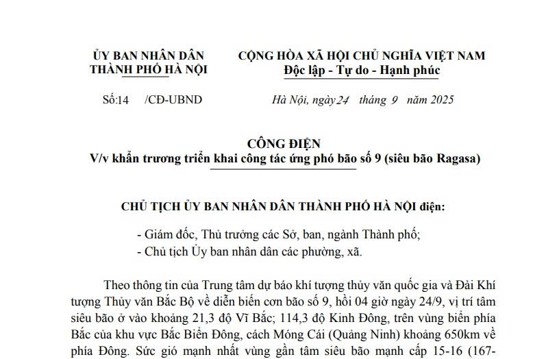 Công điện 14/CĐ-UBND: Khẩn trương triển khai công tác ứng phó bão số 9 (siêu bão Ragasa)