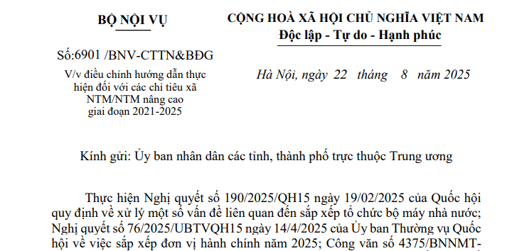 Công văn 6901: Bộ Nội vụ đã điều chỉnh hướng dẫn về chỉ tiêu xã NTM/NTM nâng cao giai đoạn 2021–2025