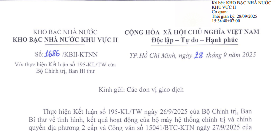 Đã có Công văn 1686/KBII-KTNN thực hiện Kết luận 195-KL/TW chi trả chế độ Nghị định 178, 67 tại TPHCM