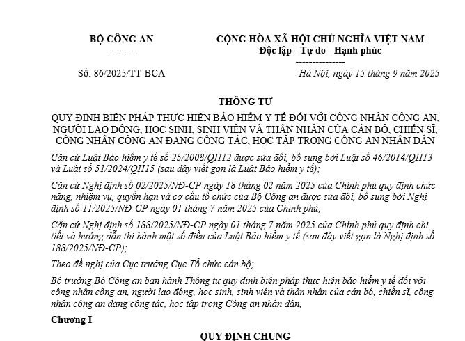 Đã có Thông tư 86/2025/TT-BCA thực hiện BHYT đối với công nhân công an, người lao động trong Công an nhân dân