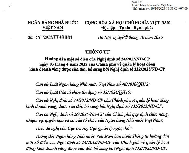 Đã có Thông tư 34/2025/TT-NHNN hướng dẫn Nghị định 24/2012 về quản lý hoạt động kinh doanh vàng