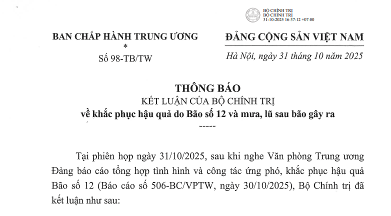 Thông báo 98-TB/TW: Chỉ đạo của Trung ương về Bão số 12 và mưa lũ sau bão gây ra