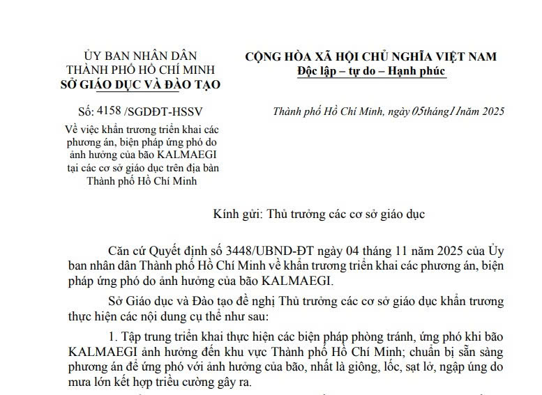 TPHCM: Có phương án học trực tuyến, tạm hoãn lịch học với học sinh để ứng phó bão KALMAEGI