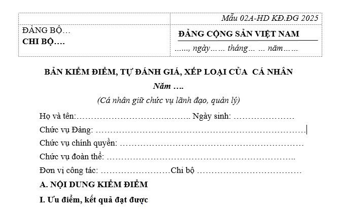 Tải Mẫu bản kiểm điểm cá nhân Đảng viên cuối năm 2025 (Mẫu 02A)