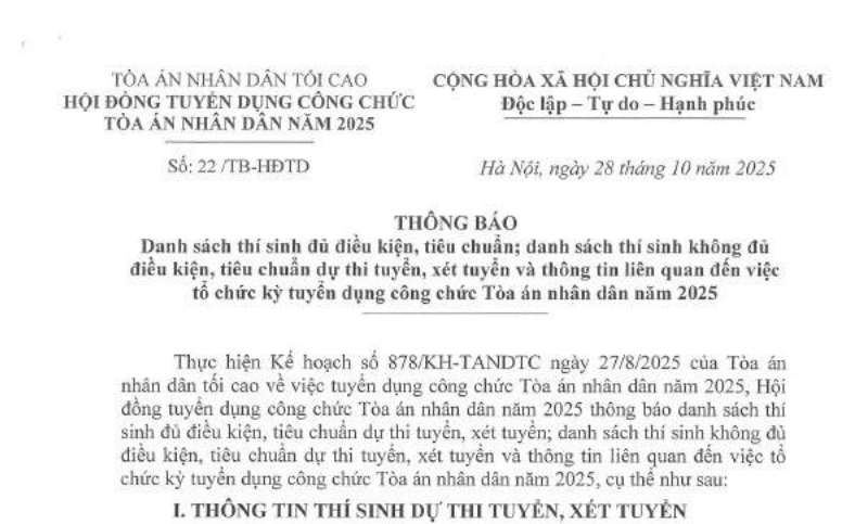 Thông báo thời gian tổ chức vòng 2 thi tuyển công chức Tòa án năm 2025 (dự kiến)
