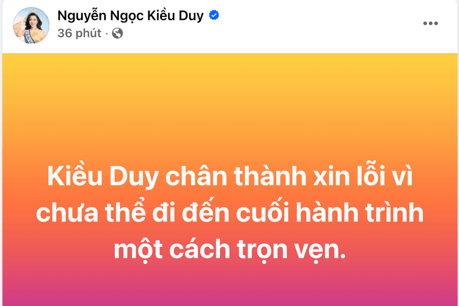 Kiều Duy xin lỗi vì không vào top 20 Miss International 2025