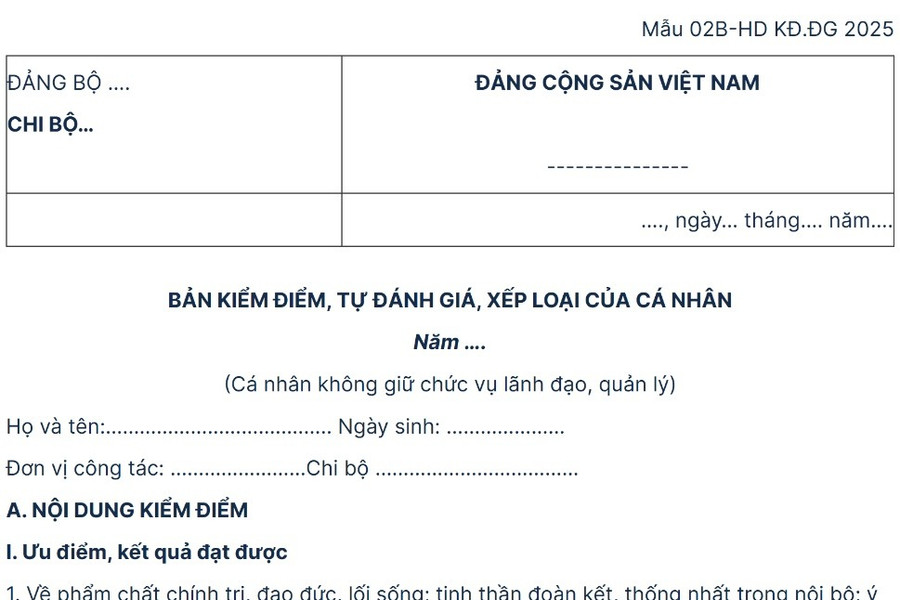 Hướng dẫn và link tải mẫu bản kiểm điểm Đảng viên với cá nhân không giữ chức vụ lãnh đạo, quản lý (Mẫu 02B)