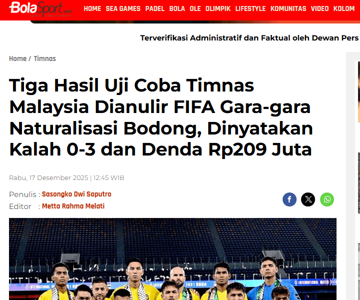 FIFA xử thua 3 trận của Malaysia vì sử dụng cầu thủ không hợp lệ