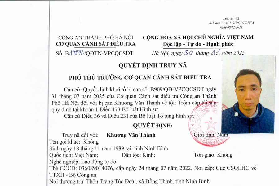 Truy nã bị can trộm cắp nhiều dây điện trên địa bàn Hà Nội