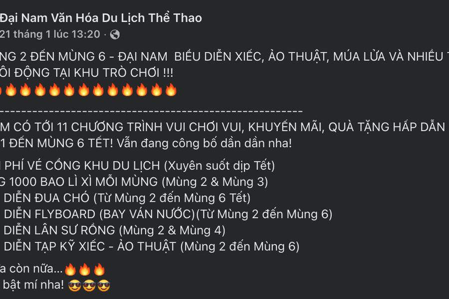 Khu du lịch Đại Nam miễn phí vé vào cổng dịp Tết Nguyên đán 2026: Điểm nhấn du lịch phía Nam