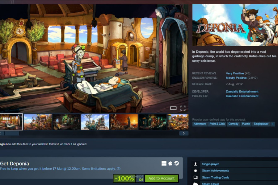 Steam tặng miễn phí Deponia: Tựa game phiêu lưu giải đố nhận 77% đánh giá tích cực