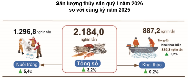 Sản lượng thủy sản Quý I/2026 đạt 2,18 triệu tấn, kim ngạch xuất khẩu tăng mạnh 13,3%