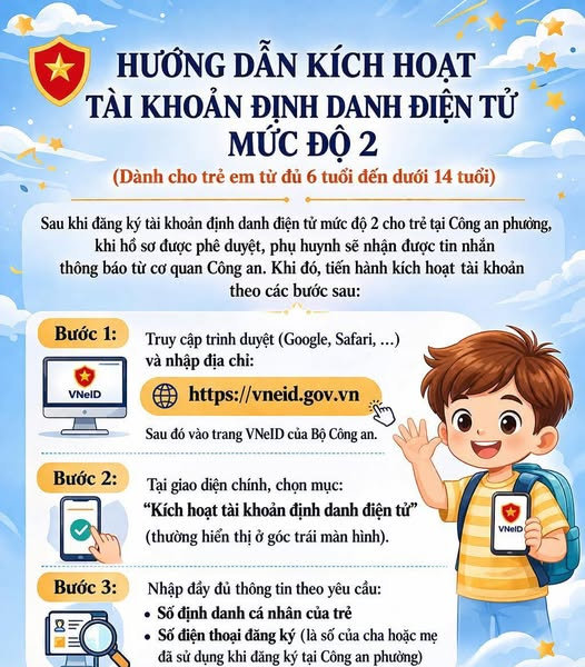 Cách kích hoạt tài khoản định danh điện tử mức độ 2 cho trẻ dưới 14 tuổi