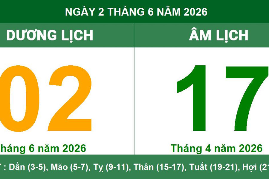 Lịch Âm Dương ngày 2/6/2026: Ngày Đại An mang lại bình an và thuận lợi