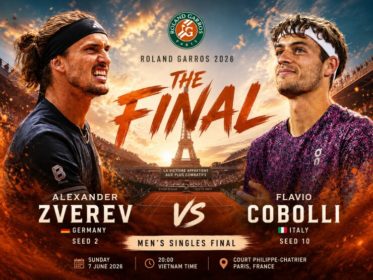 Chung kết Roland Garros 2026: Alexander Zverev đấu Cobolli và cơ hội giải lời nguyền Grand Slam