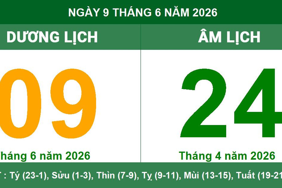 Âm Dương lịch ngày 9/6/2026: Giờ Hoàng Đạo và những lưu ý phong thủy cần biết