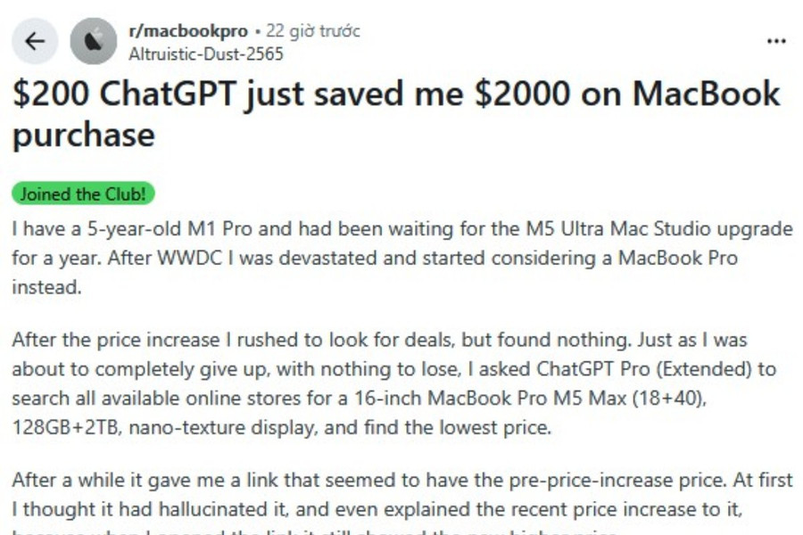 Sức mạnh tìm kiếm của ChatGPT Pro: Giúp người dùng mua MacBook Pro M5 Max rẻ hơn 2000 USD