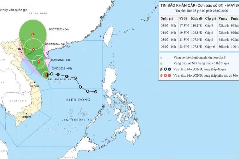 Bão số 1 (Maysak), giật cấp 10, trên vùng biển phía tây bắc đặc khu Hoàng Sa