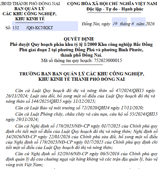 Quy hoạch Khu công nghiệp Bắc Đồng Phú giai đoạn 2 tại Đồng Nai: Quy mô 316ha cho 10.000 lao động