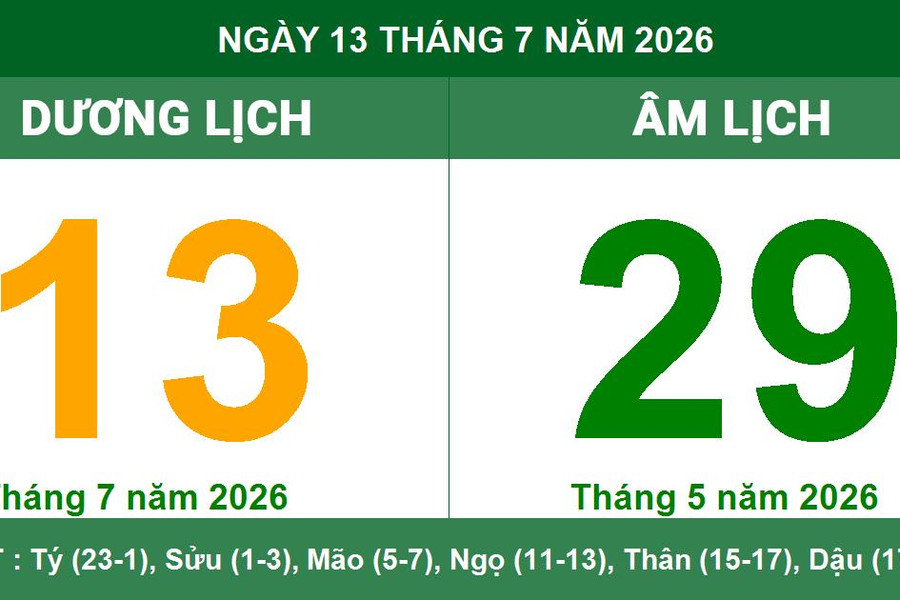 Lịch âm dương ngày 13/7/2026: Giờ hoàng đạo và lưu ý phong thủy cho ngày mới