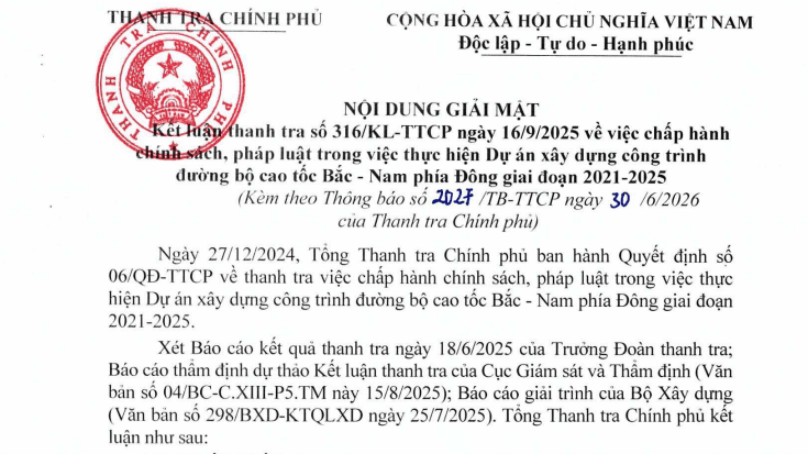Cao tốc Bắc - Nam phía Đông: Thanh tra Chính phủ phát hiện nhiều bất cập tại dự án 729km