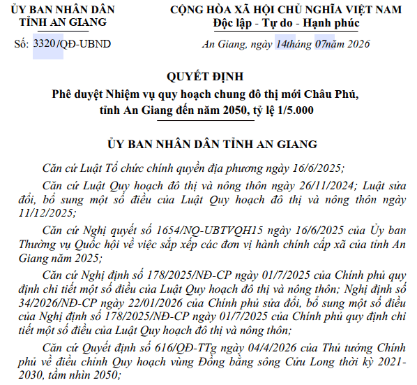 An Giang quy hoạch đô thị mới Châu Phú quy mô 8.000 ha đạt chuẩn loại III