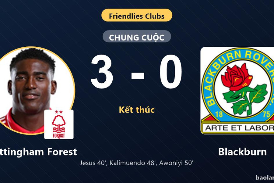 Nottingham Forest thắng đậm Blackburn trong trận giao hữu tại Albufeira