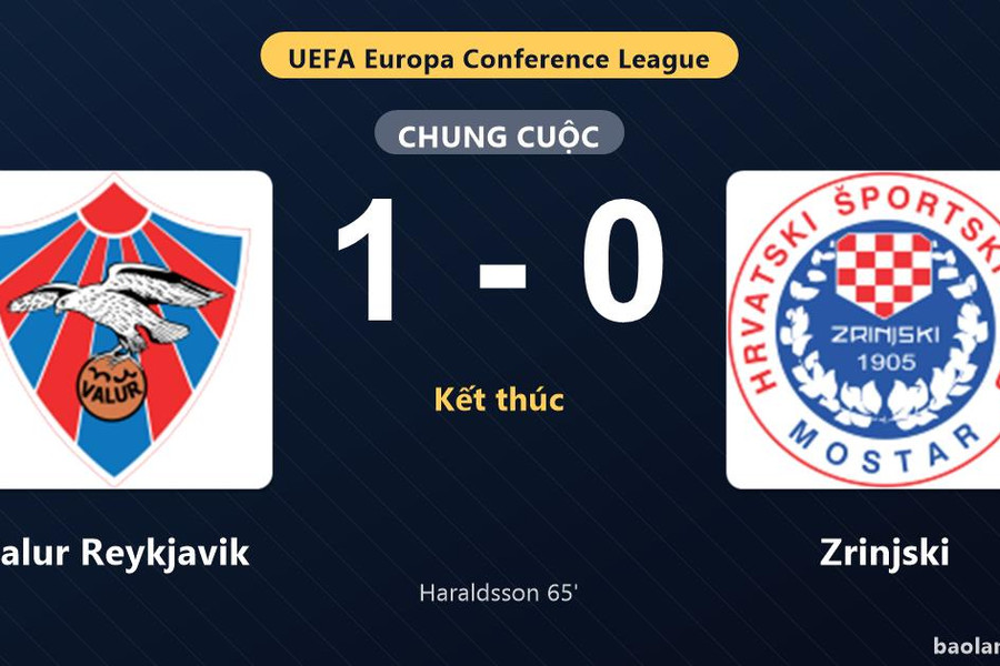 Thống kê trận đấu Valur Reykjavik 1-0 Zrinjski: T. Haraldsson tỏa sáng, Valur Reykjavik giành trọn 3 điểm