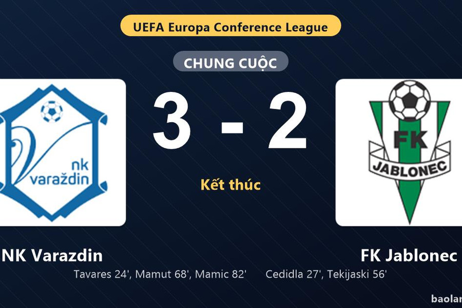 Thống kê trận đấu NK Varazdin 3-2 FK Jablonec: NK Varazdin ngược dòng ngoạn mục
