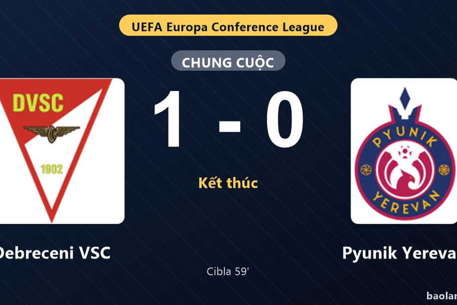 Thống kê trận đấu Debreceni VSC 1-0 Pyunik Yerevan: F. Cibla tỏa sáng, Debreceni VSC giành trọn 3 điểm
