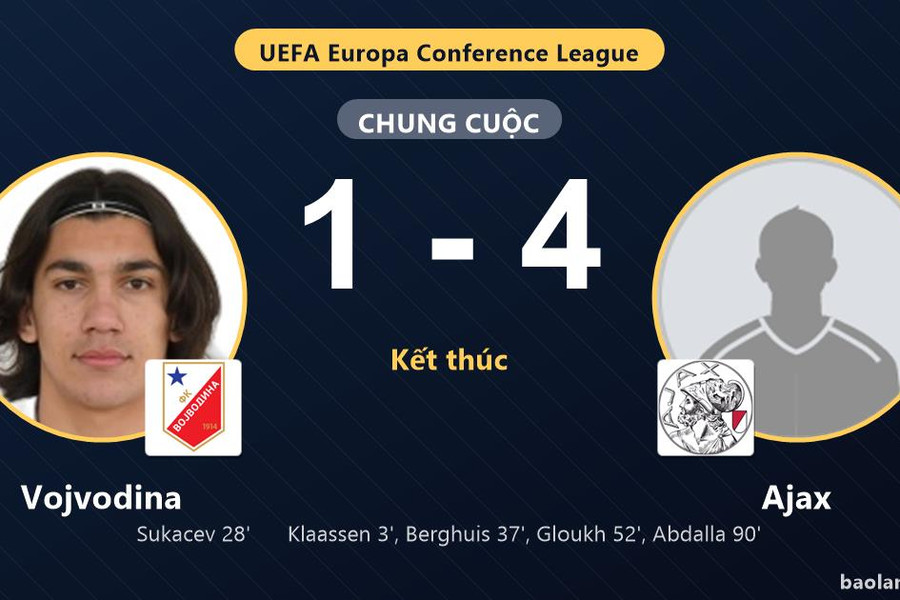 Ajax thắng đậm, Vojvodina thất thế ở vòng loại Conference League