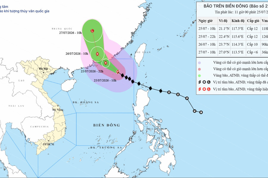 Dự báo diễn biến bão số 2 trên Biển Đông ngày 25/07/2026: Cảnh báo gió mạnh và sóng lớn