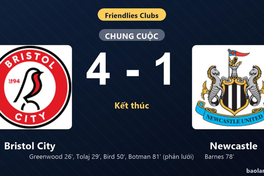 Thống kê trận đấu Bristol City 4-1 Newcastle: Bristol City thắng đậm thuyết phục