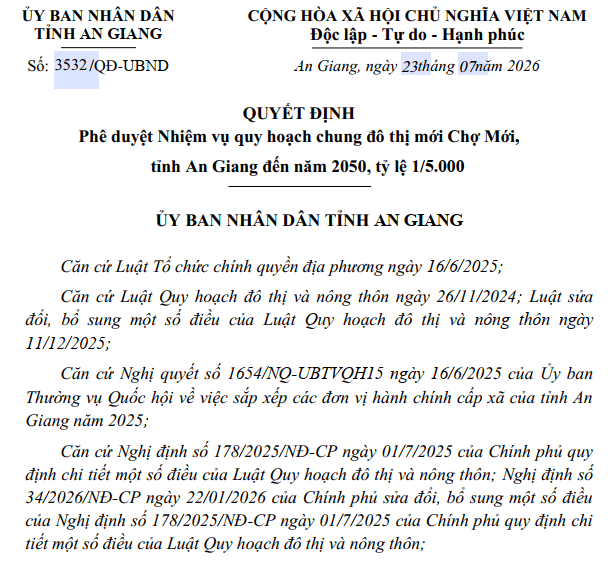 An Giang phê duyệt quy hoạch chung đô thị Chợ Mới rộng hơn 5.000 ha đến năm 2050