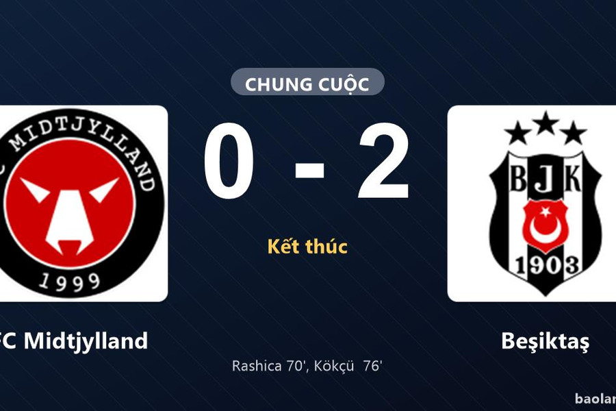 Thống kê trận đấu FC Midtjylland 0-2 Beşiktaş: Orkun Kökçü  tỏa sáng, Beşiktaş giành trọn 3 điểm
