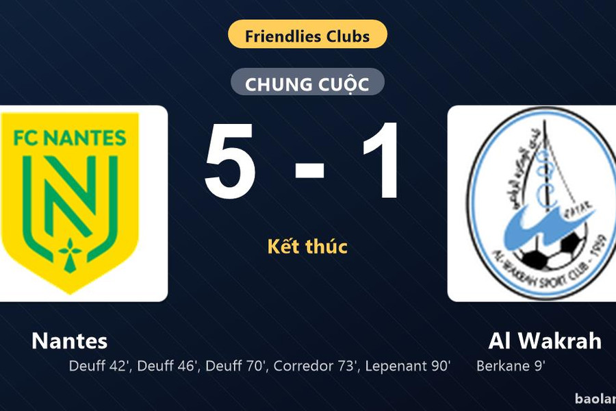 Thống kê trận đấu Nantes 5-1 Al Wakrah: Nantes ngược dòng ngoạn mục